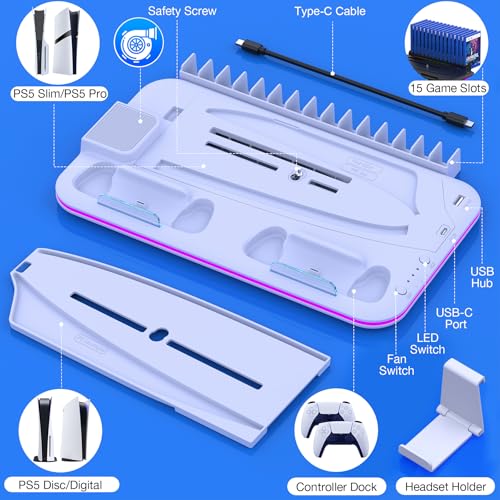 PS5/Slim/Pro Stand and Cooling Station with Controller Charging Station for Digital/Disc, PS5 Accessories Incl. 3 Levels Cooling Fan, LED Light, 15 Game Storage, Headset Holder for Playsation 5 White