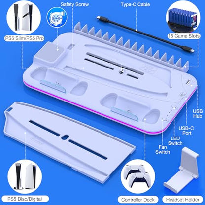 PS5/Slim/Pro Stand and Cooling Station with Controller Charging Station for Digital/Disc, PS5 Accessories Incl. 3 Levels Cooling Fan, LED Light, 15 Game Storage, Headset Holder for Playsation 5 White
