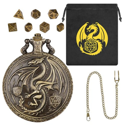 Mini DND Dice Set, with Steampunk Winged Dragon Pocket Watch Shell Case, 7-Piece Polyhedral Metal D&D Dice, DND Gift Bag with Dragon Logo, MTG, Role Play Board Game Accessories, Bronze - color: Bronze