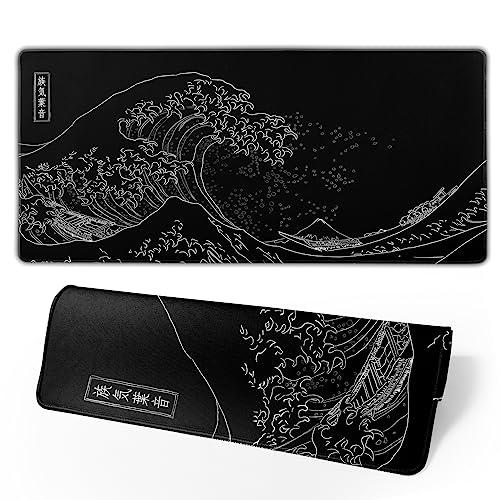 Japanese Gaming Mouse Pad Black Mouse Pad Kanagawa Large Mousepad Non-Slip Rubber Base Waterproof with Stitched Edges for Gaming Office Home, 31.5x11.8 Inch (Black Wave) - color: Kanagawa Wave