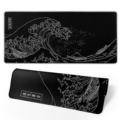 Japanese Gaming Mouse Pad Black Mouse Pad Kanagawa Large Mousepad Non-Slip Rubber Base Waterproof with Stitched Edges for Gaming Office Home, 31.5x11.8 Inch (Black Wave) - color: Kanagawa Wave