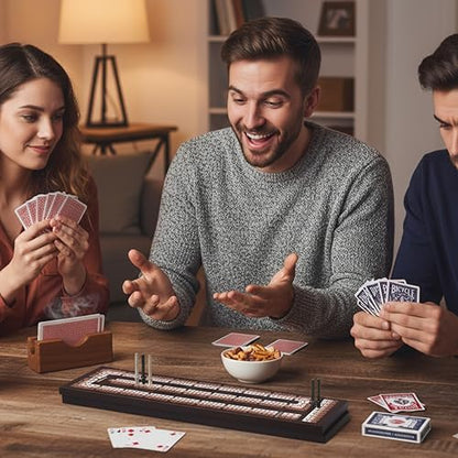 Rinten Solid Wood Cribbage Board Game Set for 2-4 Players with Cards | Classic card strategy game, integrated storage, durable metal pegs, playing cards included, wooden gift for adults - color: Brown