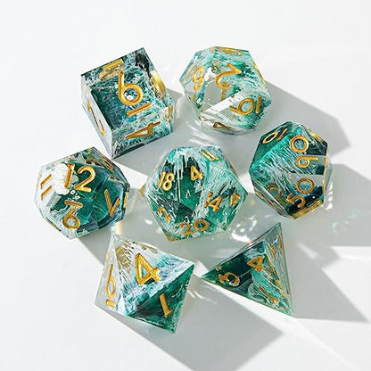 DND Dice Set, Sharp Edge Resin Dice Set with Dice Case, Handmade 7 Accessories Polyhedral Dice for Role Playing Game Dungeons and Dragons, D&D Dice (Sea Wave Green)
