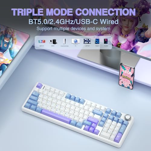AULA F99 Pro Wireless Mechanical Keyboard with Knob,Creamy Sound,Tri-Mode BT5.0/USB-C/2.4GHz Hot Swappable Keyboard,Gasket Structure,RGB Backlit Computer Gaming Keyboards - color: With Knob-White&Blue&Purple