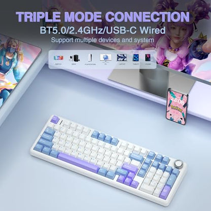 AULA F99 Pro Wireless Mechanical Keyboard with Knob,Creamy Sound,Tri-Mode BT5.0/USB-C/2.4GHz Hot Swappable Keyboard,Gasket Structure,RGB Backlit Computer Gaming Keyboards - color: With Knob-White&Blue&Purple
