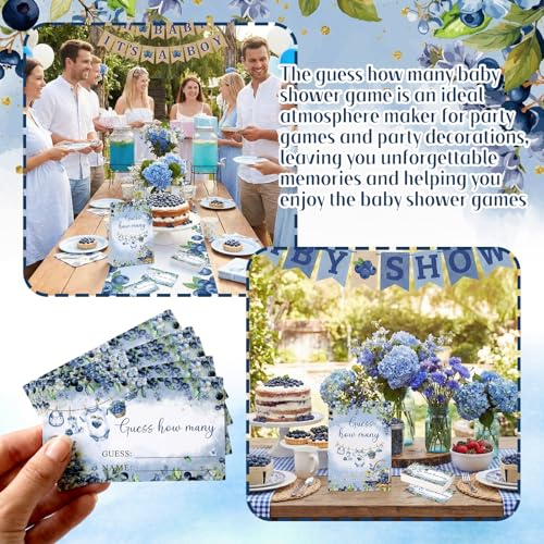 Blueberry Guess How Many Baby Shower Game Pack of 1 Tabletop Sign with Stand and 50 How Many Cards, a Berry Sweet Baby Is on the Way Gender Reveal Party Game Decoration - style: Blueberry