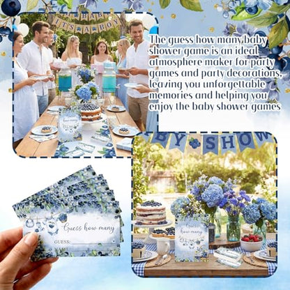 Blueberry Guess How Many Baby Shower Game Pack of 1 Tabletop Sign with Stand and 50 How Many Cards, a Berry Sweet Baby Is on the Way Gender Reveal Party Game Decoration - style: Blueberry