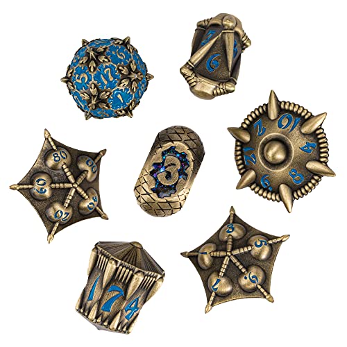 UDIXI Dragon Metal Dice Set D&D, 7-die Polyhedral Dice Set with Unique Shape for DND Role Playing Games (Bronze with Blue Number) - color: Dg-bronze With Blue Number