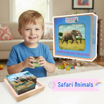 6-in-1 Wooden Animal Puzzle – Montessori Cube Toy for Kids – Realistic African Safari Animals Educational Wood Blocks for Toddlers Ages 3–6 - style: African Safari Animals