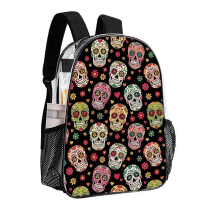 Stadium Approved Clear PVC Backpack Reinforced Straps | Heavy Duty, Day Of The Dead Sugar Skulls, See Through Daypack - color: Pattern (840)