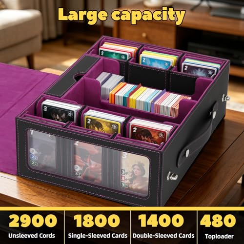 MTG Commander Deck Box with Handle, 6Removable Boxes,2-Row Case & Dice Tray | 9-in-1 Large Card Storage Box, Holds 1400+ Double-Sleeved Cards, Display Window,Mag Holders, Latch Closure,Fit TCG/EDH,Purple - color: Purple