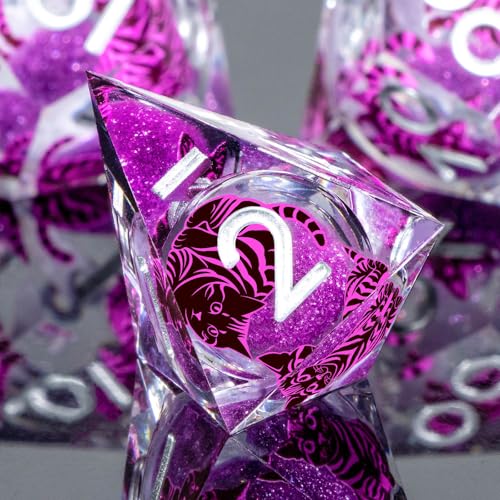 KERWELLSI Cat Liquid Core DND Dice Set with Gift Box, 7Pcs Resin Dungeons Sharp Edge D&D Dice, Dragons D and D Role Playing Dice D20 D12 D10 D8 D6 D4, Purple - color: Purple and Purple Cat