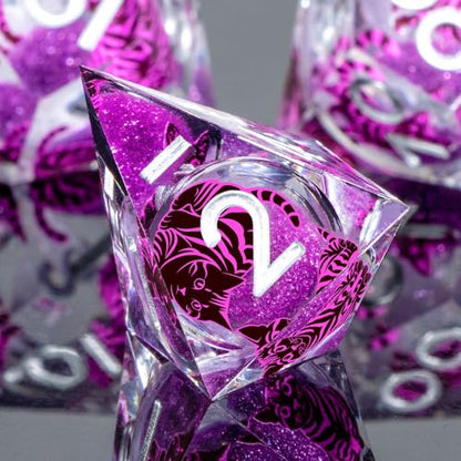 KERWELLSI Cat Liquid Core DND Dice Set with Gift Box, 7Pcs Resin Dungeons Sharp Edge D&D Dice, Dragons D and D Role Playing Dice D20 D12 D10 D8 D6 D4, Purple - color: Purple and Purple Cat