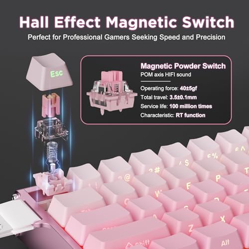 Alux60 Gaming Keyboard Wired, Hall Effect Magnetic Switch Aluminum Mechanical Keyboard, 8K Polling Rate, 0.125ms Ultra-Low Latency, 128K Scan Rate, Side Printed PBT Keycaps, RGB Backlit（Pink） - color: Pink