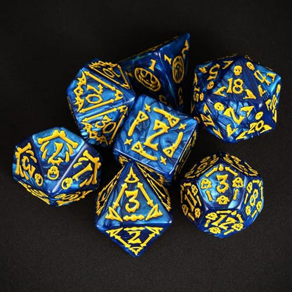 7-Die DND Dice Set Scary Pattern Polyhedral Dice Set with Leather Bag, Skull Dice D&D Dice Set for RPG Table Games.(Scary Pattern-Blue) - color: Halloween Pattern-blue