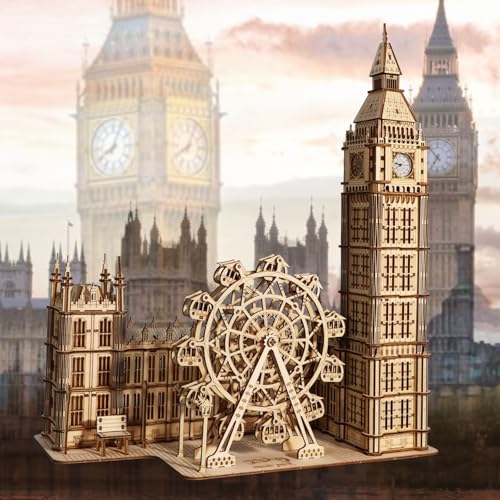 Music Park 3D Wooden Puzzle, Big Ben with LED | Big Ben clock with LED night light and London Eye Ferris wheel. DIY model building kit. Home decor gift. - color: Big Ben