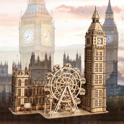 Music Park 3D Wooden Puzzle, Big Ben with LED | Big Ben clock with LED night light and London Eye Ferris wheel. DIY model building kit. Home decor gift. - color: Big Ben