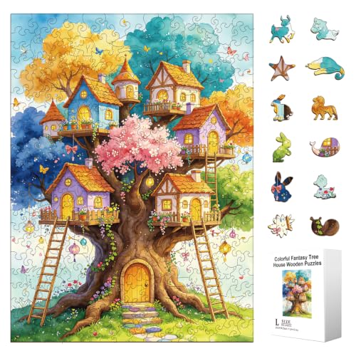300pcs Wooden Puzzles for Adults Colorful Dream Treehouse | Wood Jigsaw Puzzles with Unique Animal Shaped Pieces Challenging Puzzle for Family Game Birthday Gift Home Decor - color: Dream Treehouse