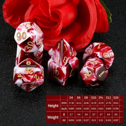 QMAY DND Dice Set -D&D Polyhedral Dice (7 Pcs) for Dungeons and Dragons (Blood red and White) - color: Blood Red and White