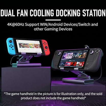 6-in-1 Gaming Docking Station, Built-in Cooling Fan & RGB Light, 4K@60Hz HDMI, Gigabit Ethernet, 100W PD Charging, Adjustable Stand, Portable Dock for Steam Deck, ROG Ally, Legion Go
