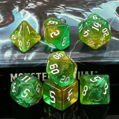QMAY DND Dice Set -D&D Polyhedral Dice (7 Pcs) for Dungeons and Dragons (Pale Yellow and Green Glitter) - color: Pale Yellow and Green Glitter