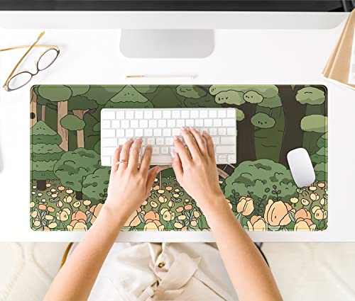 Anime Forest Desk Mat,Cute Green Mouse Pad,Kawaii Aesthetic Full Desktop Pad XXL Gaming Mousemat XL, Extended Korean Animals Bear Bunny Keyboard Mat Large 31.5x15.7 Inch Non-Slip&Stitched Edges - color: A Orange Flowers