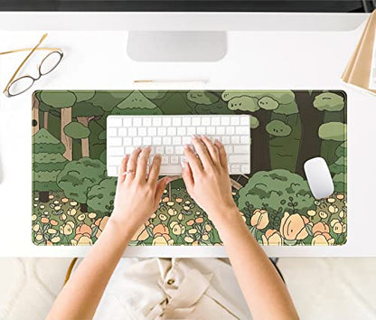 Anime Forest Desk Mat,Cute Green Mouse Pad,Kawaii Aesthetic Full Desktop Pad XXL Gaming Mousemat XL, Extended Korean Animals Bear Bunny Keyboard Mat Large 31.5x15.7 Inch Non-Slip&Stitched Edges - color: A Orange Flowers