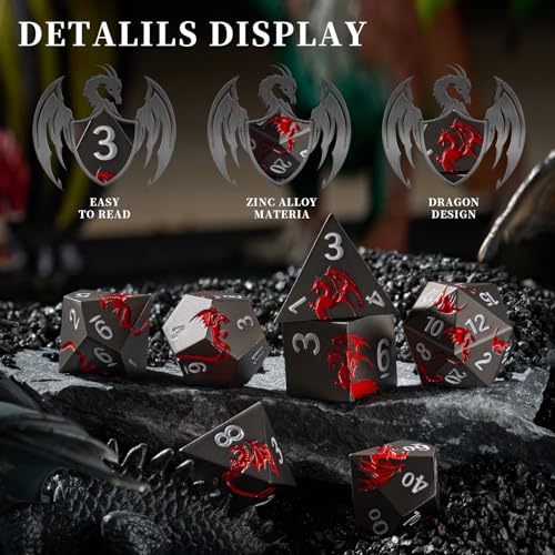 Dragon Metal DND Dice Set,Heavy Zinc Alloy Polyhedral 7-Die Set for Fantasy TTRPG & Tabletop RPG Games,Luxury Magnetic Display Case,Gift Ready for Collectors & Players(Black Red Dragon) - color: Black With Red