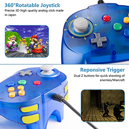 KIWITATA Mini N64 Wired 64-bit Game Controller for Retro Original N64 Console Clear Blue - color: Transparent