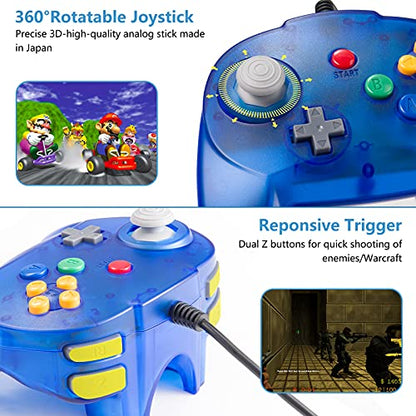 KIWITATA Mini N64 Wired 64-bit Game Controller for Retro Original N64 Console Clear Blue - color: Transparent
