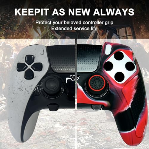 Red Black Anti-Slip Controller Skin,Studded Edition Protective Silicone Cover Skin Grips Compatible with ps5 dualsense EDG and 6 PCS Thumb Grips Caps. - color: Red Black