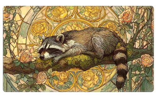 Card Playmat 24" x 14" TCG Game Mat for MTG and Other Card Games, Premium Stitched Card Gameplay Mat with Non-Slip Rubber Backing Board Games Desk Duel Mats, Art Nouveau Sleeping Raccoon - color: Art Nouveau Sleeping Raccoon, size: 24"X14" Without Zones