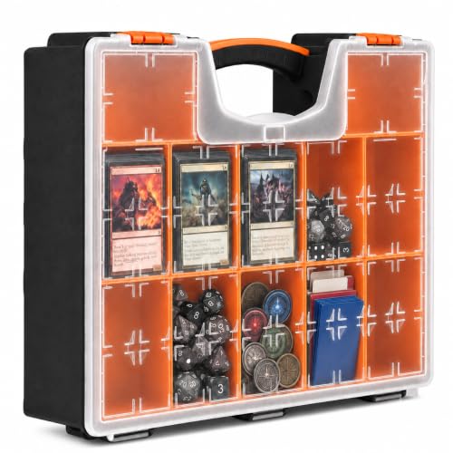 All-in-One Storage Case for Cards and Gaming Accessories, 12 Removable Bins | Large Portable TCG Organizer with Clear Lid for Commander Decks, Deck Boxes, Dice, Tokens and Gaming Accessories, Orange - color: Orange