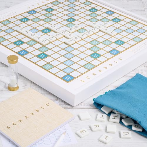 WS Game Company Scrabble Bianco Edition with Rotating Wooden Game Board | Coastal Aesthetic, Turntable, Raised Letter Tile Grid, Classic Word Game for 2-4 Players, Adults, Families and Kids Ages 8+