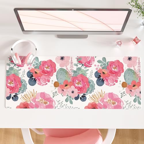 QIYI Large Mouse Pad, Pink Floral Desk Mat for Desktop, Women Girls PU Leather Waterproof Gaming Mousepad, Computer Laptop Desk Accessories Protector Writing Pads for School Office Home 31.5" x 11.8" - color: Watercolor Pink Flowers, size: 31.5" x 11.8"