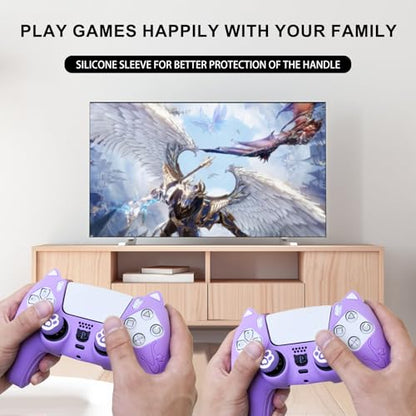 Purple Cat Ear PS5 Controller Cover - Cute Silicone Skin with Cat & Paw Prints + 2 Matching Lavender Cat Paw Thumbstick Caps | Kawaii Grip for PlayStation 5 - color: Lavender Purple