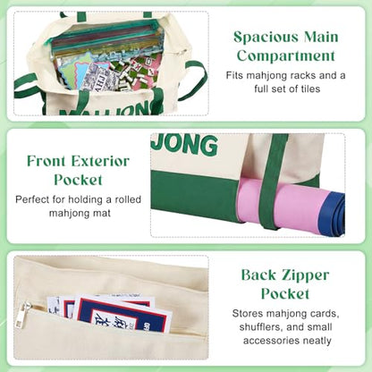Abbylike 28x9 Inches Mahjong Bag for Rolled Mat Tiles Racks Pushers Accessories Empty Mahjong Tote Bag with Zipper Closure Outer Pockets Lining Large Capacity(Beige&Green,Canvas) - color: Beige&green