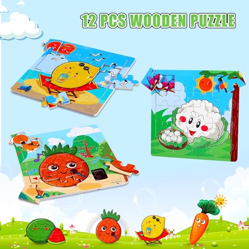 SANNIX 12 Pack Wooden Jigsaw Puzzles for Toddlers 3 4 5 Years Old | Party Favors Animals Jigsaw for Kids, Transportation Educational Puzzles Travel Toy with 12 Organize Bags - style: Fruits