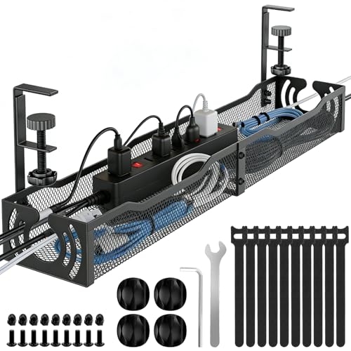 Cable Management, 25.3'' Under Desk Cable Management Tray No Drill | Metal Cable Organizer with Clamp for Wire Management, Cord Organizer for Home Office, Desk Accessories Organizer, Black - color: Black, size: 25.3 inch