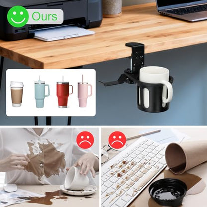 MYITYARD Desk Cup Holder Clamp, 2 in 1 Anti-Spill Clip On Table Cup Holder with Headphone Hanger, Rotatable Water Bottle Stand Drink Coffee Mug Storage, Office Accessories for Home and School - color: Black-1 with Headphone Hanger