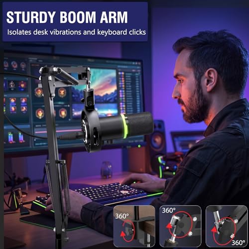 Gaming Microphone Set, USB & XLR Dynamic PC Mic for Streaming & Podcast, Computer RGB Mic Kit with Boom Arm, Mute Button & Headphone Jack, Cardioid Polar Pattern for Vocals, Voice-Over - color: Black