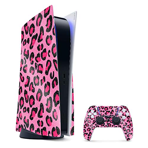 MightySkins Glossy Glitter Gaming Skin for PS5 / PlayStation 5 Bundle - Pink Leopard | Durable High-Gloss Glitter Finish | Easy to Apply and Change Style | Made in The USA - color: Pink Leopard, size: PlayStation 5 Bundle