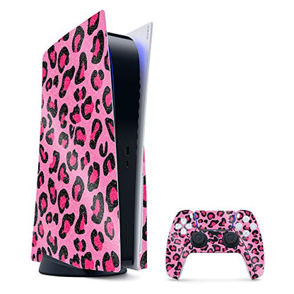 MightySkins Glossy Glitter Gaming Skin for PS5 / PlayStation 5 Bundle - Pink Leopard | Durable High-Gloss Glitter Finish | Easy to Apply and Change Style | Made in The USA - color: Pink Leopard, size: PlayStation 5 Bundle