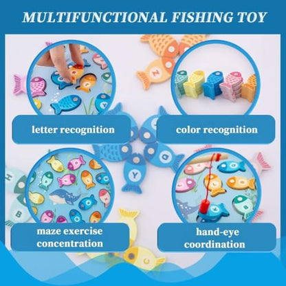 Magnetic Fishing Game for Toddlers, Wooden Alphabet Puzzle Maze Board, Preschool ABC Uppercase Lowercase Letter Matching Game, Montessori Educational Fine Motor Skill Toy for Boy Girl Kids - style: fishing alphabet puzzle