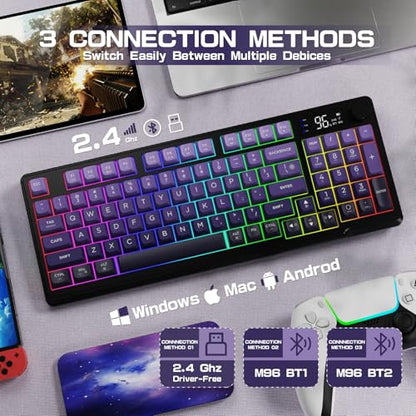 LexonElec M96 Wireless Keyboard, Low Profile Quiet Typing Membrane Gaming Keyboard with Smart Display & Knob, RGB Backlit, USB C Rechargeable, 94 Keys PBT Keycap for Windows PC,Mac,Linux-Grape Purple - color: Grape Purple