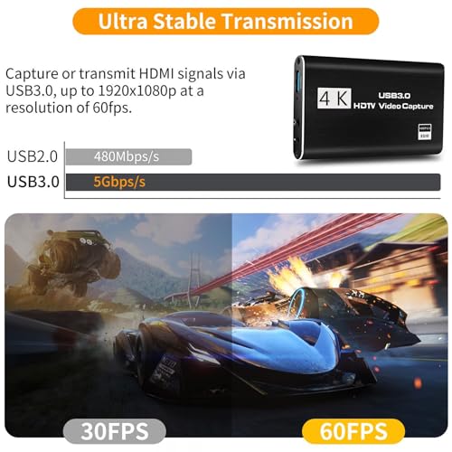 4K HDMI Video Capture Card, Plug & Play USB 3.0 Gaming Capture Card with Microphone - No Driver Needed for PC/Mac, 1080P 60FPS for Nintendo Switch, PS5, PS4, Xbox, OBS Streaming
