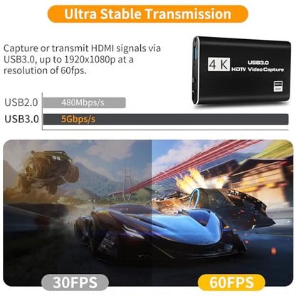 4K HDMI Video Capture Card, Plug & Play USB 3.0 Gaming Capture Card with Microphone - No Driver Needed for PC/Mac, 1080P 60FPS for Nintendo Switch, PS5, PS4, Xbox, OBS Streaming