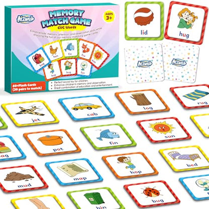 Aizweb CVC Word Match Game - 60 Pc Toddler Card Games for Kids Ages 3-6, Phonics Flash Cards for Preschool & Kindergarten Learning Activities, Educational Toys for Home School Supplies - style: CVC Words