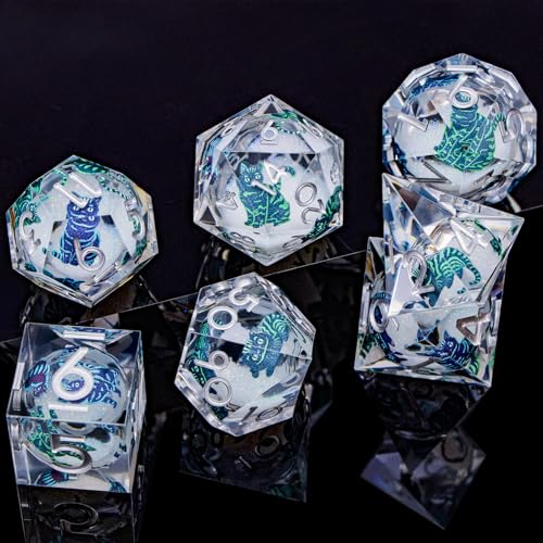 DND Cat Dice 7PCS Polyhedral Sharp Edge Dice Set with Gift Case for Dungeons Dragons Role Playing Game, RPG Resin D and D Dice D6 D8 D10 D12 D20 D% (Silvery White) - color: Colorful Cat - Silver White