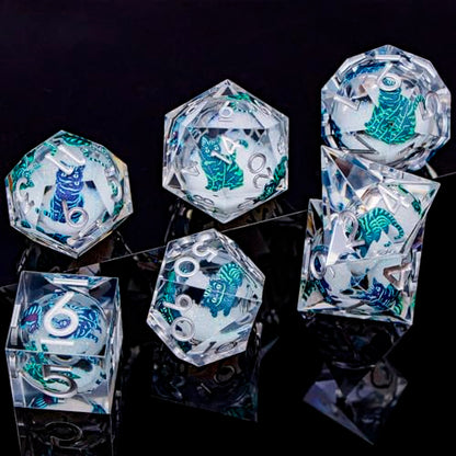 DND Cat Dice 7PCS Polyhedral Sharp Edge Dice Set with Gift Case for Dungeons Dragons Role Playing Game, RPG Resin D and D Dice D6 D8 D10 D12 D20 D% (Silvery White) - color: Colorful Cat - Silver White